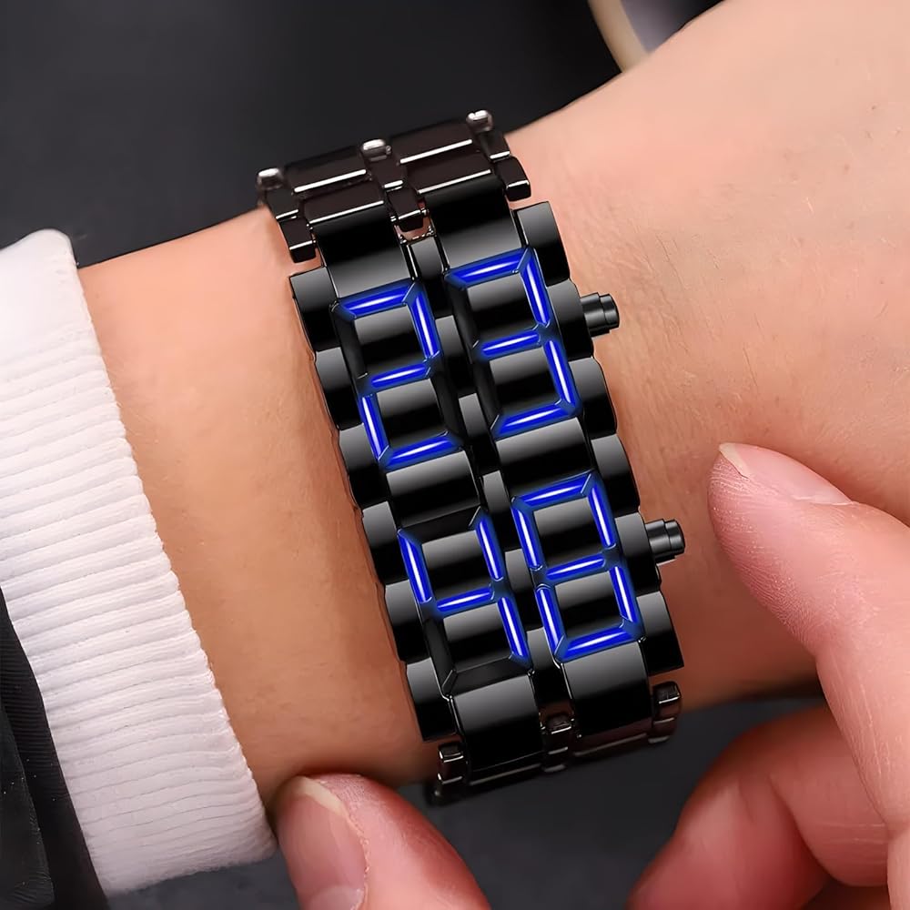 Gosasa Men's Lava Style Stainless Steel Watch - Red & Blue LED Digital Display, Black Bracelet Elite Mall pk