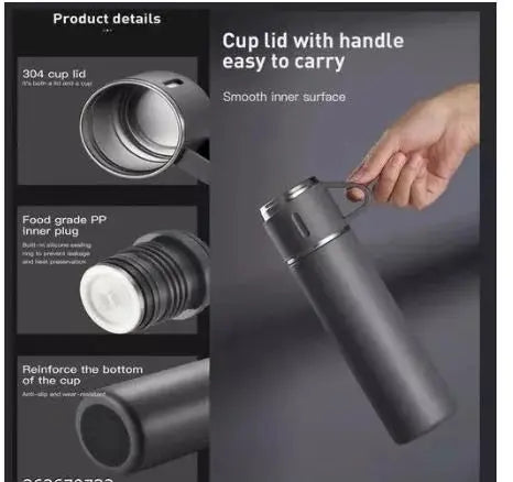 Premium Vacuum Flask Set – 500ml Stainless Steel Insulated Bottle with 3 Cups Elite Mall pk