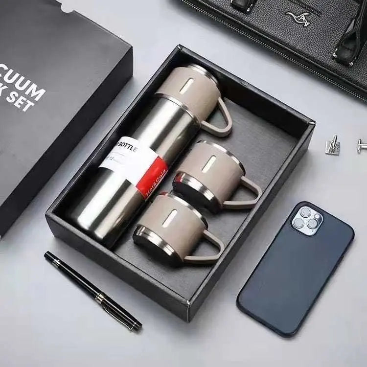 Premium Vacuum Flask Set – 500ml Stainless Steel Insulated Bottle with 3 Cups Elite Mall pk