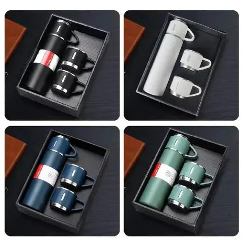 Premium Vacuum Flask Set – 500ml Stainless Steel Insulated Bottle with 3 Cups Elite Mall pk