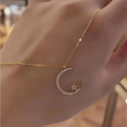 Sparkling Crescent Moon & Star Necklace – Shine Like the Night Sky!
